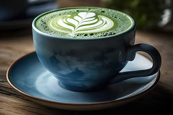 Nahaufnahme eines perfekt zubereiteten Hot Matcha Latte in einer blau marmorierten Tasse mit aufwendiger Latte-Art-Blattrosette, serviert auf einer rustikalen Holztheke.